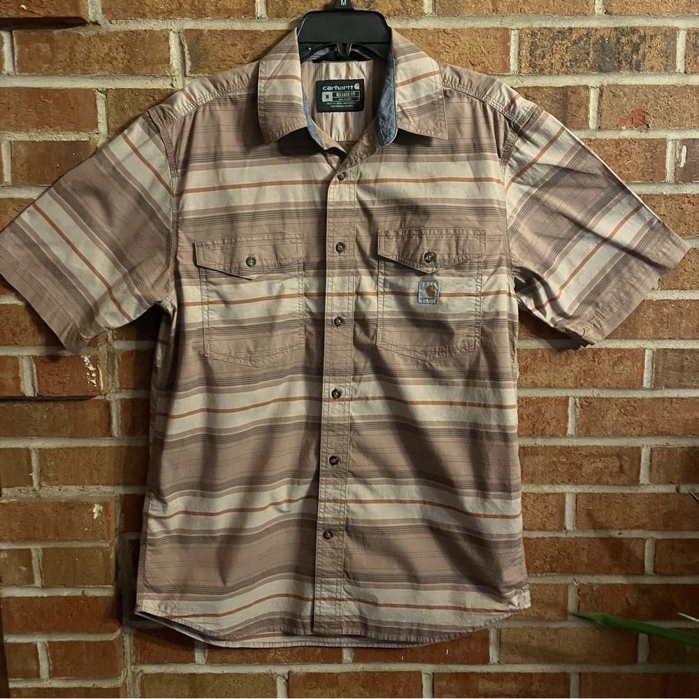 Carhartt Men M Rugged Flex Relaxed Short Sleeve Button Down Striped Earth Tones